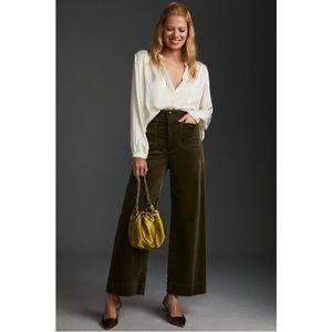 Anthropologie | Colette Cropped Corduroy Wide-Leg Pants | Olive Green | Size 26